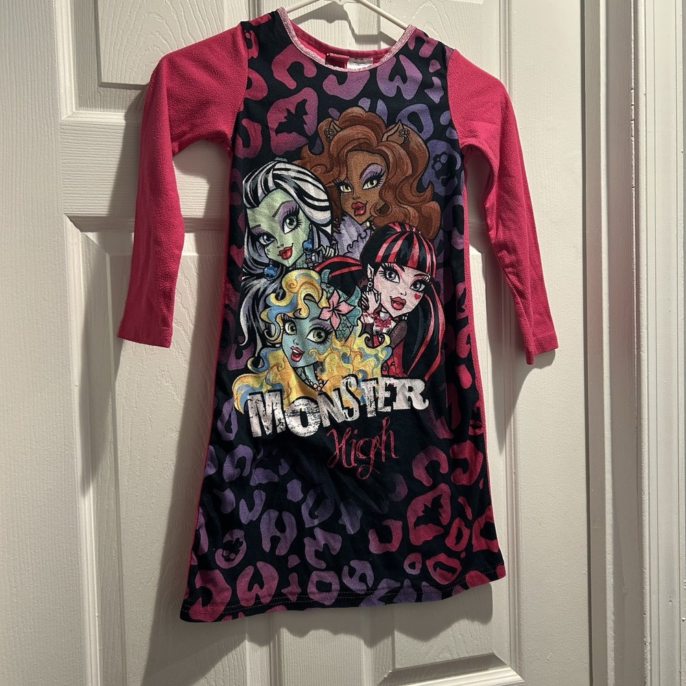 Monster High Girls Fleece Nightgown Pajama Dress Pink Purple Leopard Size 6/6X